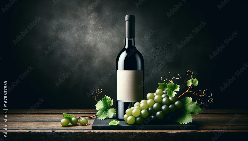 Fototapeta premium Elegant still life of a wine bottle with fresh green grapes on a rustic wooden table. Winery branding, restaurant menus, bar posters, packaging design, and luxury beverage advertising visuals.