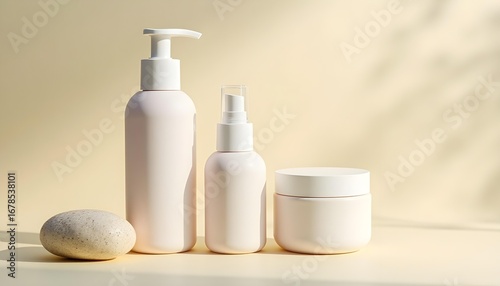 Minimalist skincare products arranged artfully with soft lighting