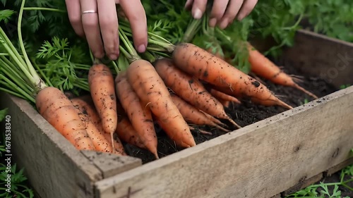 Freshly Harvested Carrots in Wooden Crate