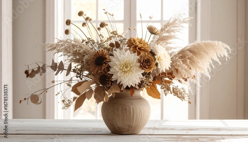 Ramo de flores y hojas secas en jarrón rústico, luz suave