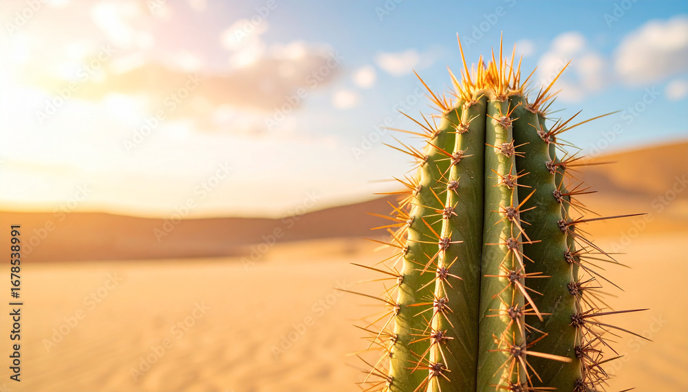 Naklejka premium Green cactus, sharp spines and ridges. Sandy desert and vivid sky in soft blur behind. Desert scene.