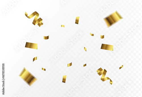 Golden confetti falling in a celebration, festive party streamers on a transparent background
