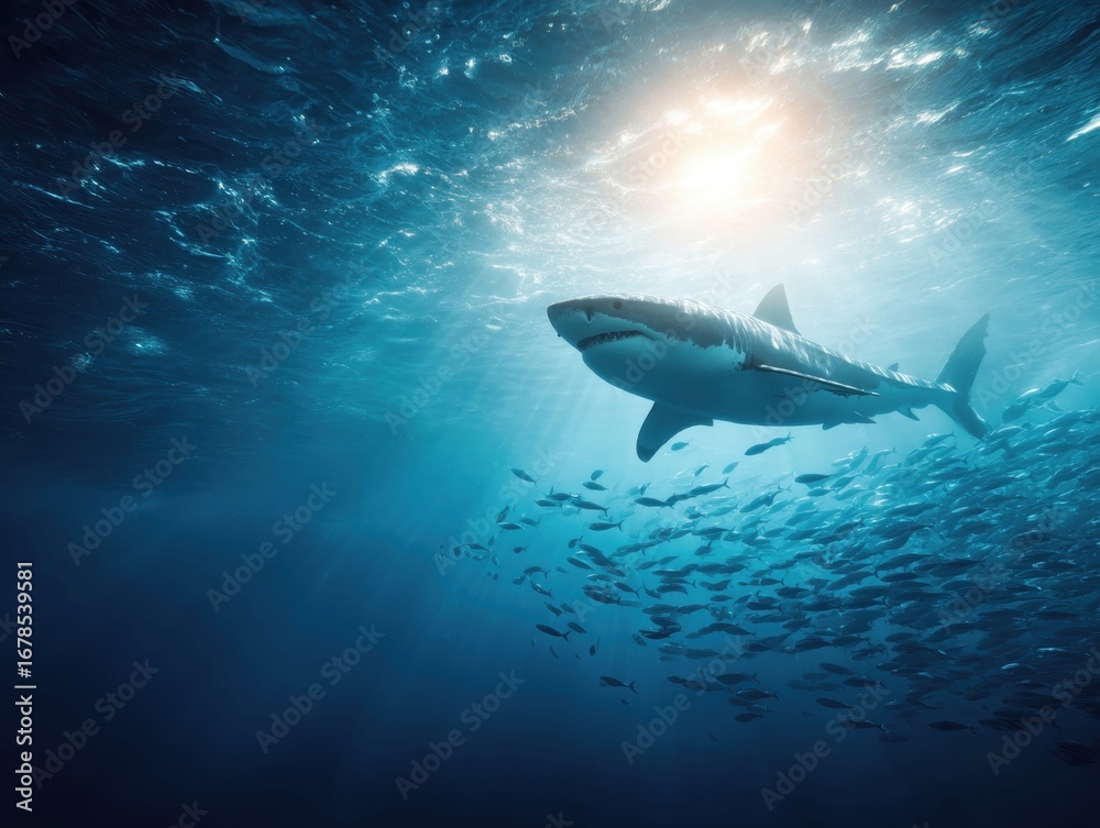 Fototapeta premium A majestic shark swims gracefully among a school of fish beneath the shimmering surface of the ocean. Sunlight filters through the water, creating a magical underwater environment.