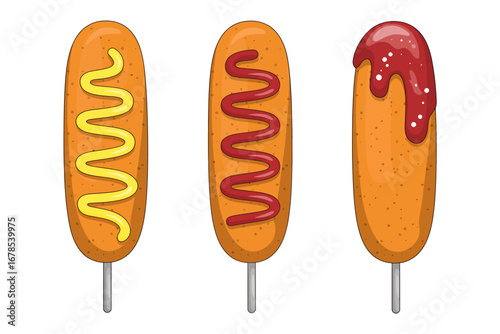 Three delicious corn dogs isolated on white with toppings ketchup mustard illustration