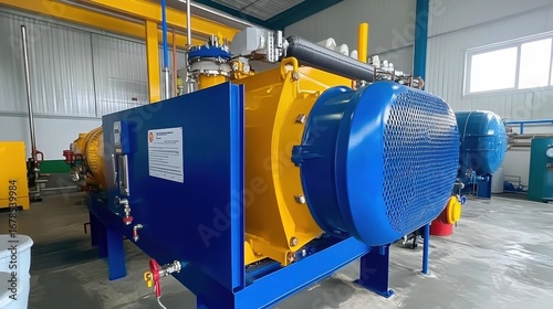 Industrial Compressor with Blue and Yellow Components in Factory Setting