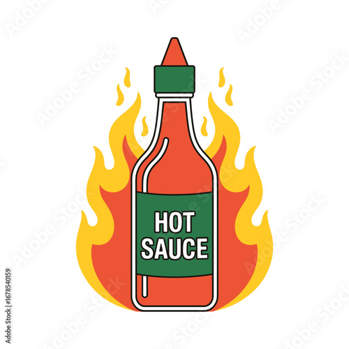 Minimalist bottle of spicy hot sauce with flames for condiment and food branding illustration