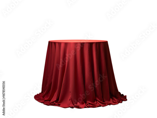 Png 3d illustration of a round table covered with a red cloth isolated on transparent background