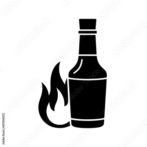 Simple black and white illustration of a hot sauce bottle with a fiery flame symbol, perfectly capturing intense spicy flavor and culinary heat concept