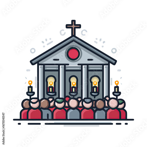A charming and festive cartoon illustration of a church choir singing Christmas carols by candlelight, symbolizing community, tradition, and holiday spirit.
