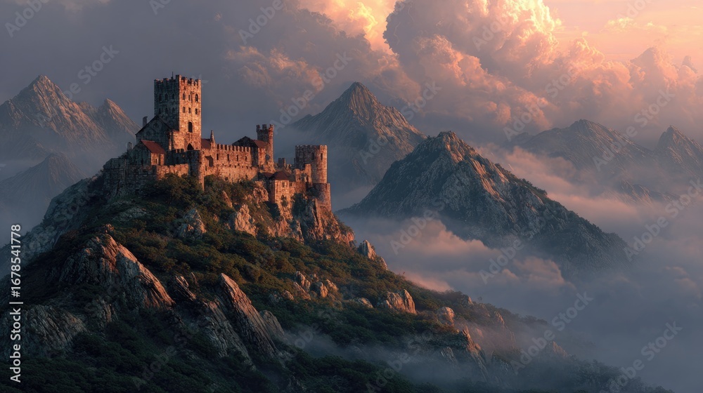 Obraz premium Majestic castle atop a mountain with dramatic clouds and peaks.