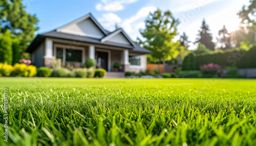 Wallpaper Mural Fresh green grass, blurred residential house in background. Clean backyard landscaping composition Torontodigital.ca