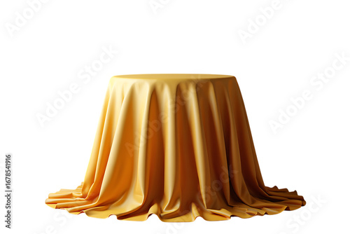 Png 3d illustration of a yellow tablecloth draped over a round table isolated on transparent background