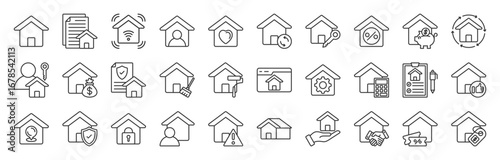 Home line editable icon setcollection . Property, house, loan, town, landlord, insurance, location, mortgage, for sale and more. Editable stroke. Vector illustration eps 10