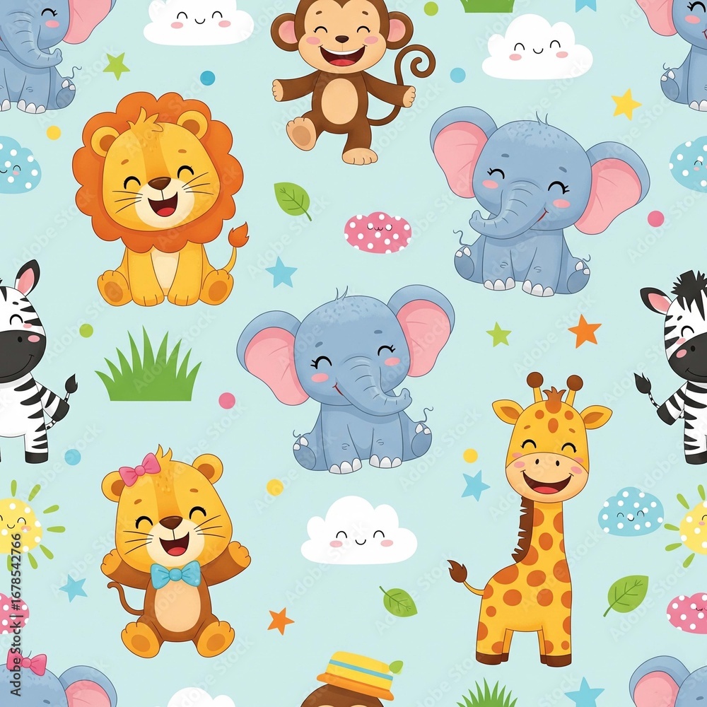 Fototapeta premium Cute Cartoon Animals Pattern for Kids' Decor