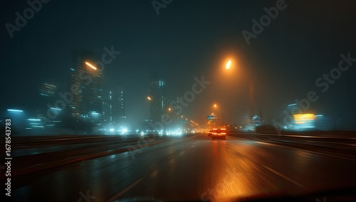 City highway at night, foggy and wet