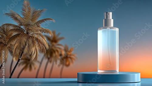 Spray bottle on podium, sunset backdrop