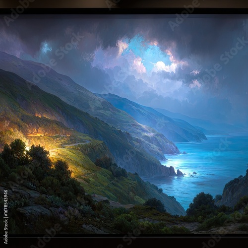 Coastal mountain road bathed in ethereal light