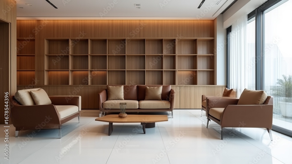 Fototapeta premium Modern living room with built-in wooden shelving wall, modular sofa and coffee table, minimalist