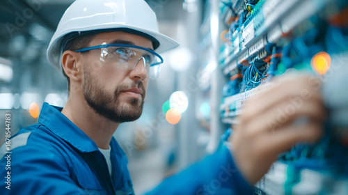 Technician inspecting and repairing industrial system in factory