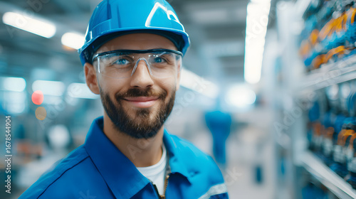 Technician in blue uniform working on equipment in industrial setting
