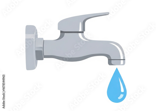 Simple Gray Water Tap Dripping a Blue Drop of Water Isolated on a Clean White Background