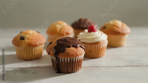 Various muffins are placed on a wooden table, with exquisite shapes and rich decorations, very tempting.