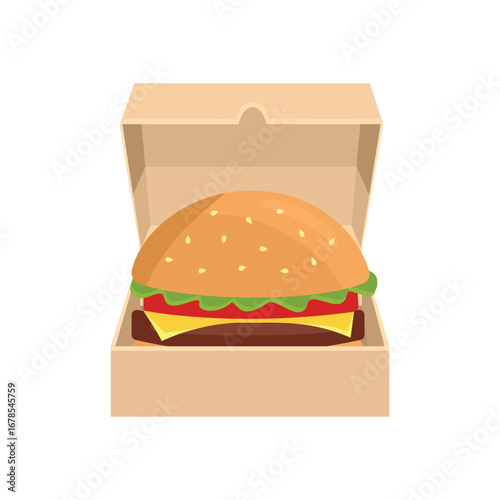 Takeaway burger. Delivery burger. Burger packaging. Cheeseburger. Fast food. Food packaging.