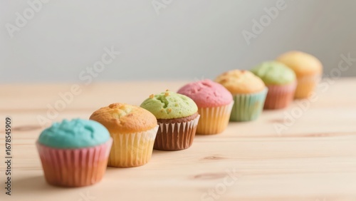 Various muffins are placed on a wooden table, with exquisite shapes and rich decorations, very tempting.