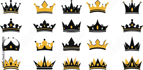 Collection of elegant black and gold crowns symbolizing royalty, success, and luxury.