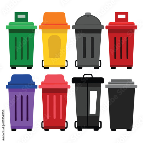 Collection of eight colorful and monochrome trash cans Keywords: trash cans, bins, garbage cans, recycling bins