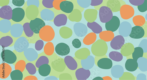 Abstract illustration of colorful, irregular, rounded shapes scattered across a light blue background.