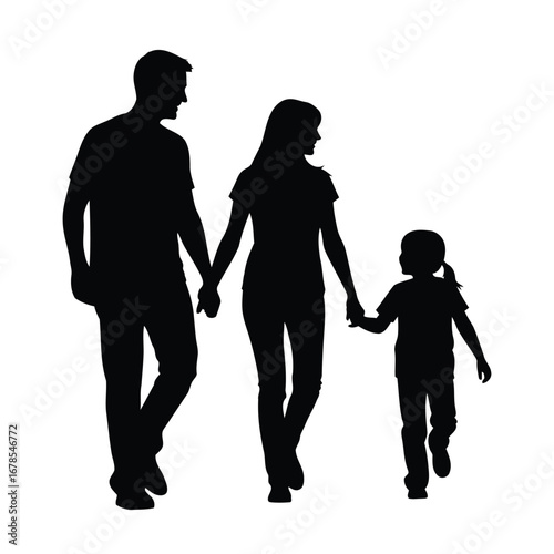 Silhouette of Parents Holding Hands with Child Walking Together