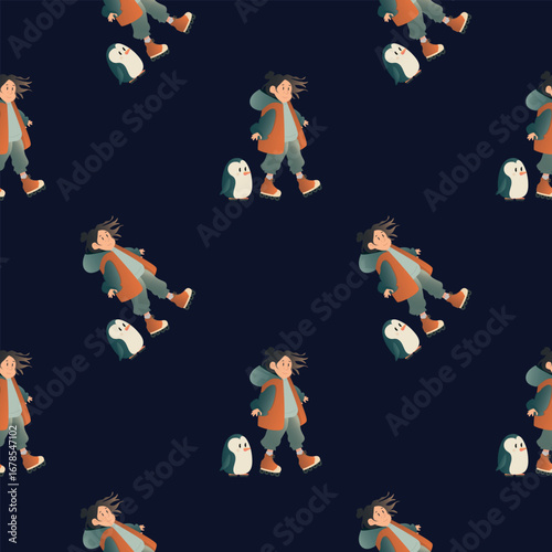 Roller Skating and penguin Girl Pattern on Dark Background 