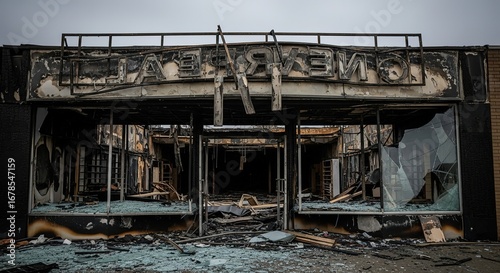 Devastating fire damage in a commercial building, showcasing destruction and urban decay after the tragedy
