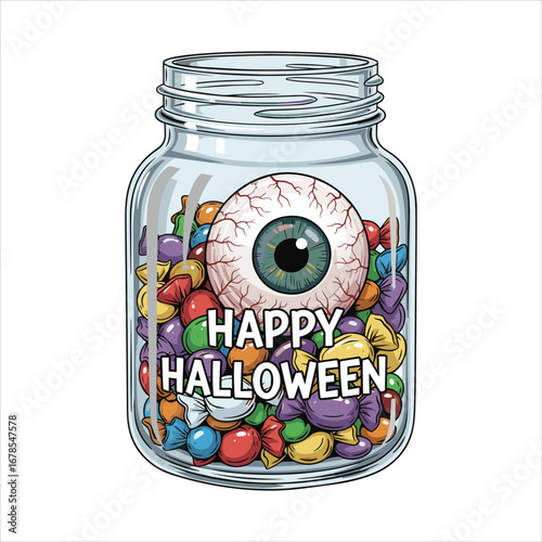 A Jar Full of Halloween Candy and a Spooky Eyeball Greeting Everyone
