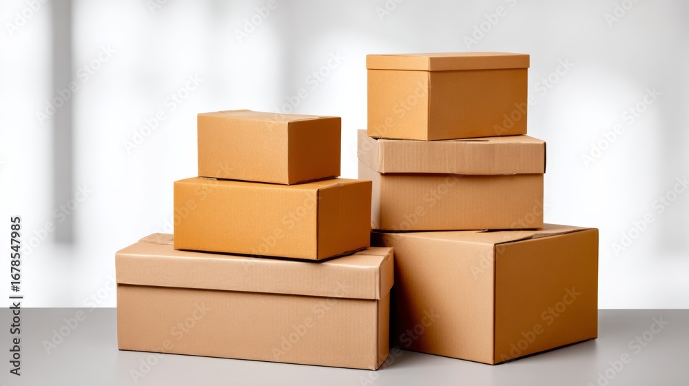 Fototapeta premium Stacked cardboard boxes of various sizes arranged on a smooth surface, showcasing different shapes and textures, ideal for packaging, shipping, or storage solutions in a modern environment