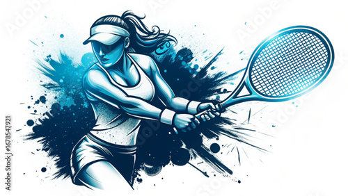 US OPEN TENNIS 2025 Illustration of a woman playing tennis with blue accents and a white background in an athletic pose silhouette