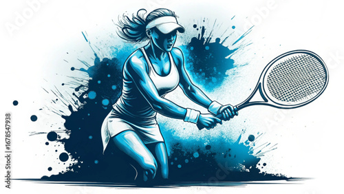 US OPEN TENNIS 2025 Illustration of a female tennis player with racket in action pose on abstract background in blue tones silhouette