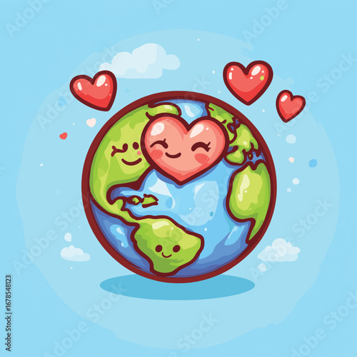 Cute adorable earth cartoon hugs love heart. World earth day concept design. Kawaii mascot character clip art. Vector art illustration