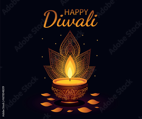 Happy Diwali! Vector candle diya with mandala and fire on night background. Diwali holiday, Indian culture, light, coziness and traditions. For cards, invitations and backgrounds
