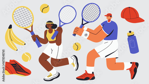 US OPEN TENNIS 2025  Illustration of tennis players with rackets, tennis balls, bananas, shoes, water bottle and cap on a grey background silhouette