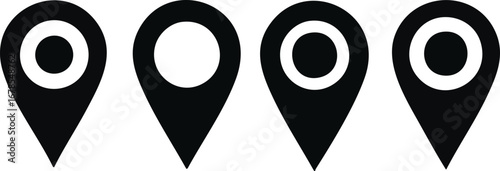 Four black location pin icons stand in a row, one with a hollow center on white