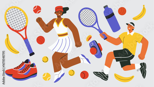 US OPEN TENNIS 2025  Illustration of tennis players with racquets, balls, water bottle, bananas and shoes on a light background silhouette