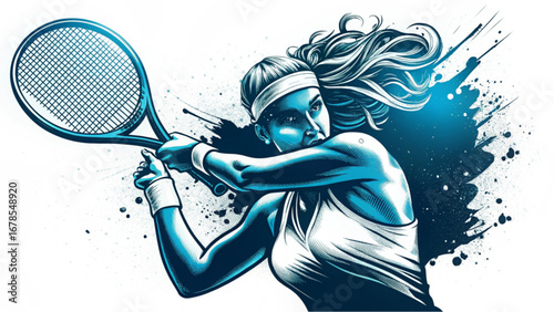 US OPEN TENNIS 2025  Illustration of a female tennis player swinging her racket with abstract blue ink splatters around her silhouette