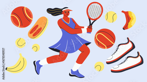 US OPEN TENNIS 2025  Illustration of a female tennis player with tennis racket surrounded by tennis balls and other sports items silhouette