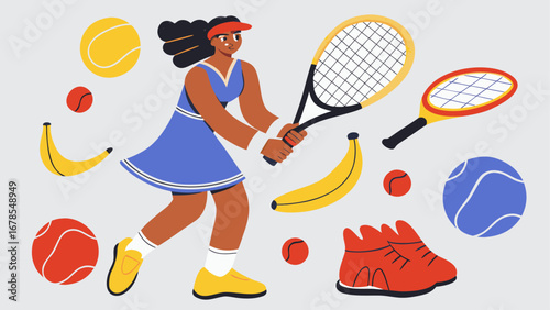 US OPEN TENNIS 2025  Illustration of a female tennis player ready to hit a tennis ball surrounded by tennis equipment and bananas silhouette
