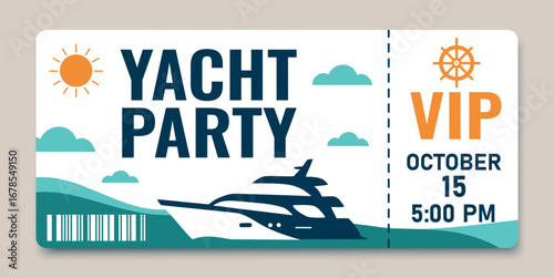 Vector VIP ticket for yacht party, cruise with tear-off part. Summer design with waves, sun and yacht. Suitable for posters, banners, events and digital design