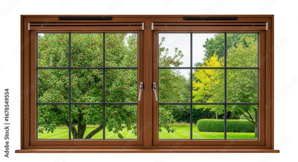 Fototapeta premium Isolated Brown Wood Window with Grille and Green Summer Garden View