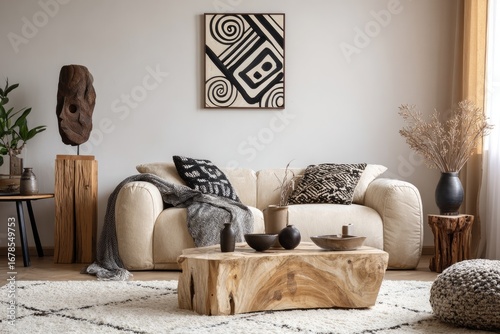 Beige living room with wood accents, art, and textiles