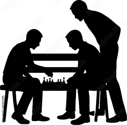 Vector-style black silhouette of two men playing chess on a bench, while a passerby looks over their shoulders, against a white background
